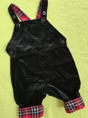 NWT  60cm = 2-6M Baby BOYS Black Velvet Overalls + Red Plaid Flannel cotton (Q1)